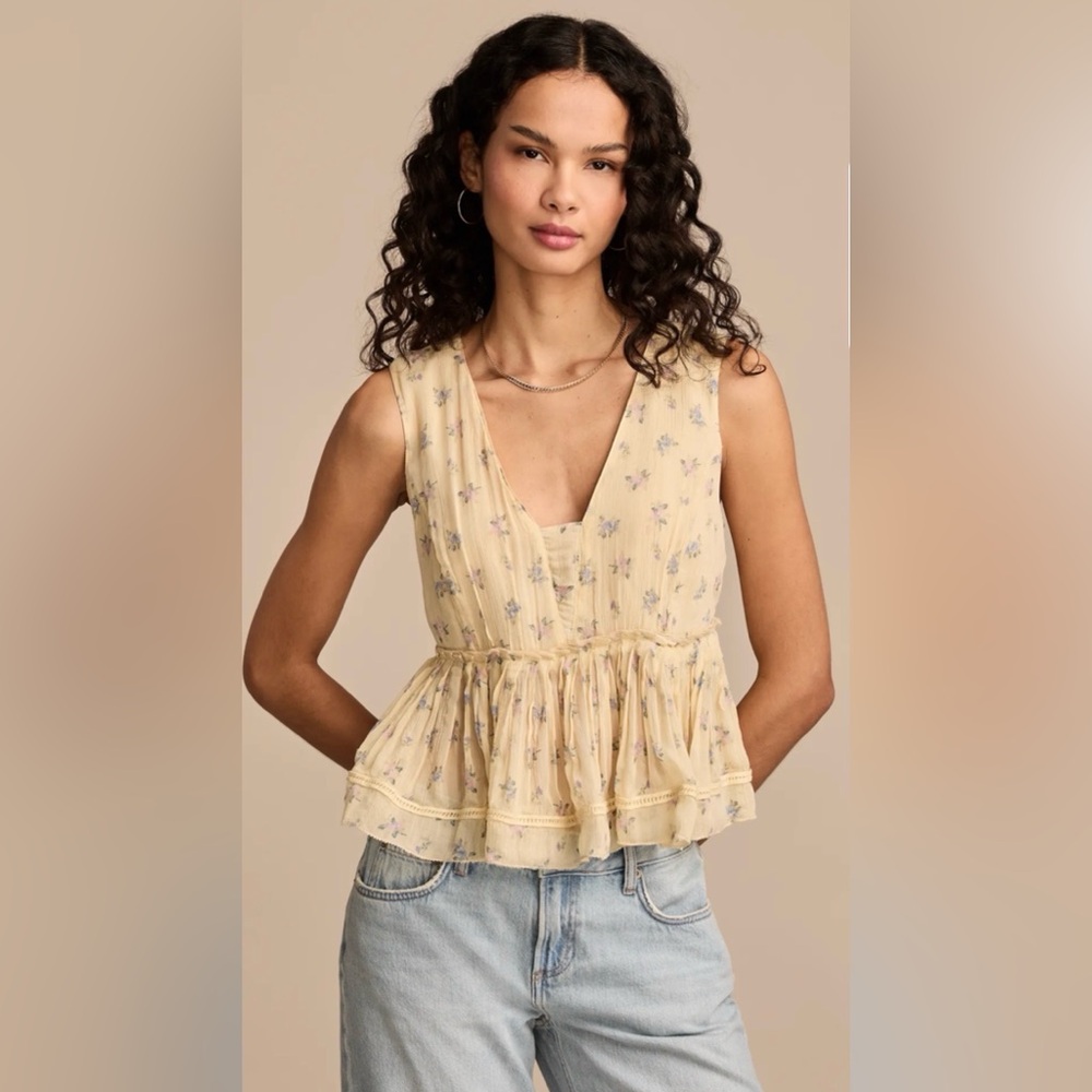 NWT Lucky Brand Yellow Printed Ruched Ruffle Floral Sleeveless V-Neck Blouse